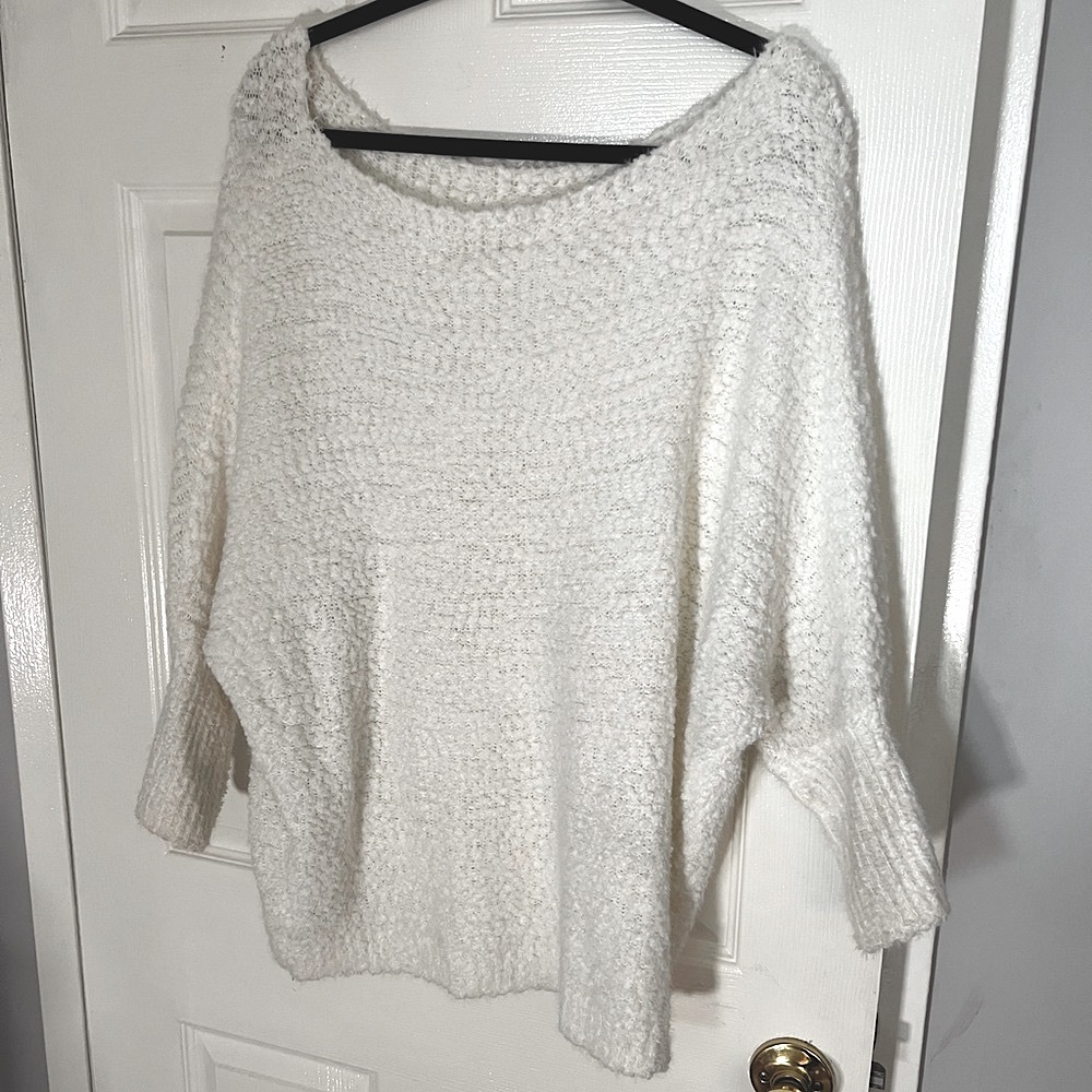 Wide Neck Long Soft Fuzzy Sweater White